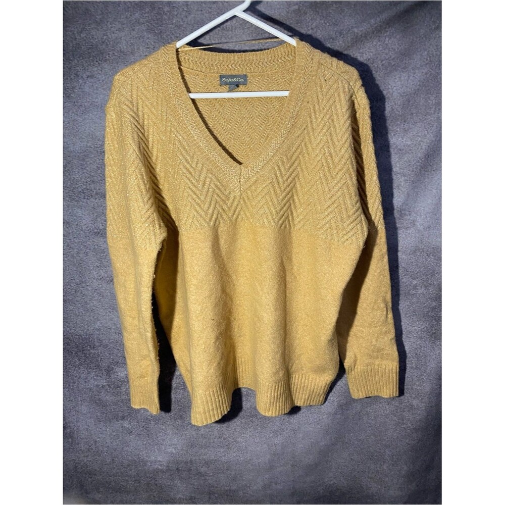 Style & Co Women L Sweater Gold Metallic Shimmer Chevron Textured Knit V-Neck
